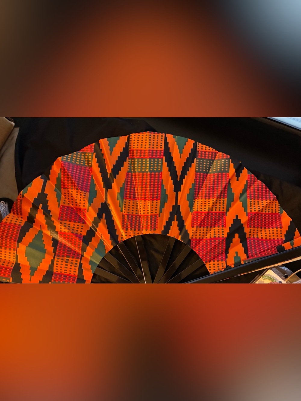 Decorative African Print Folding Fan - Orange & Black